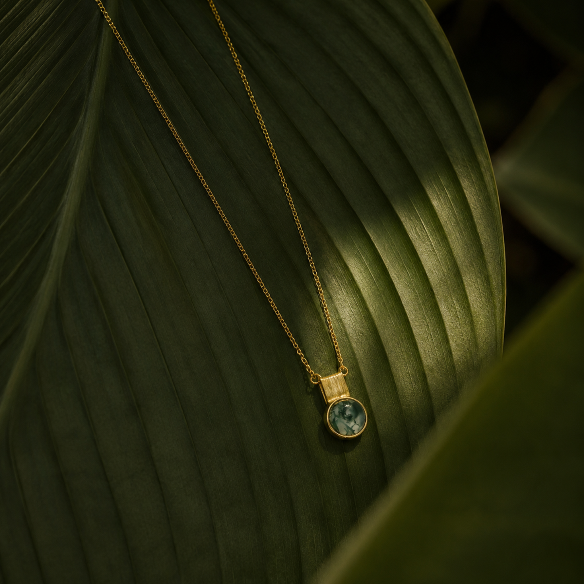 18k gold plated sterling silver square moss agate necklace on leaf