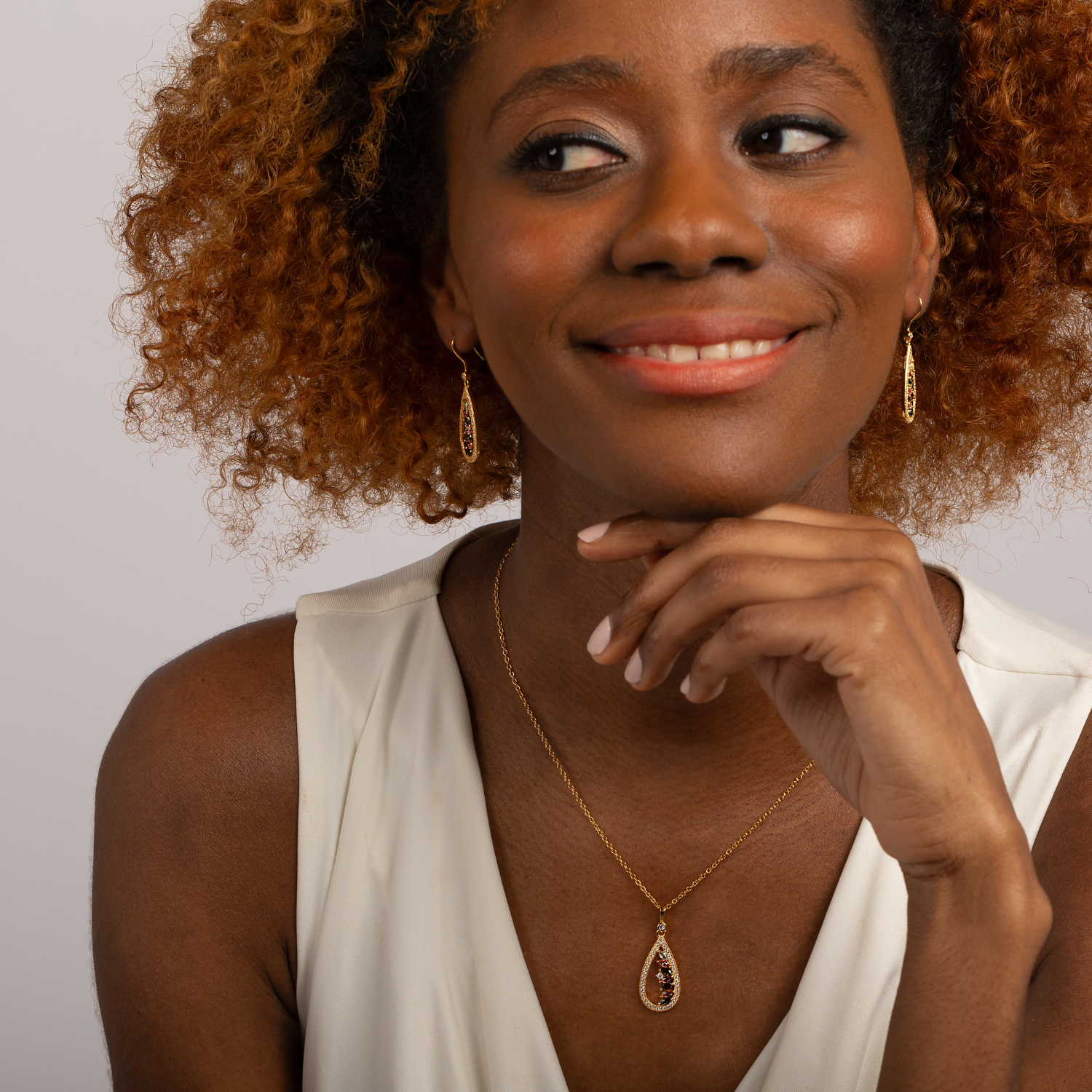 model wearing 18k gold 925 sterling silver tourmaline necklace