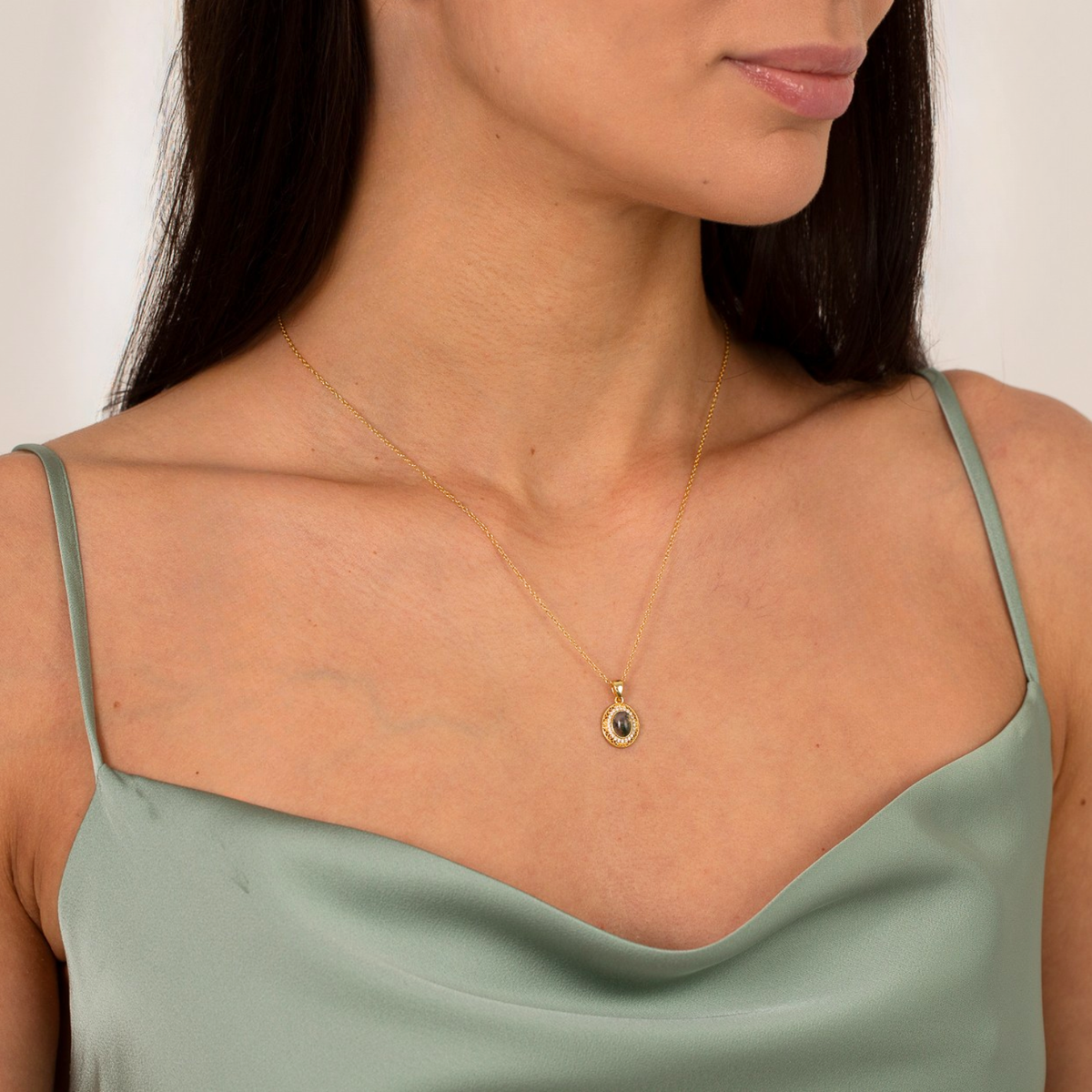 model wearing 18k gold plated sterling silver moss agate necklace