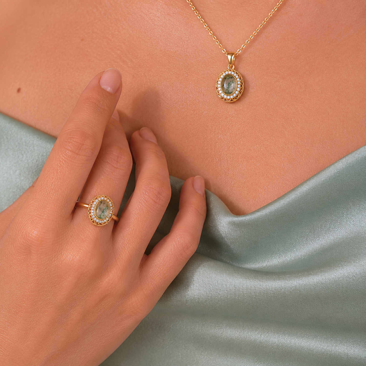 model wearing 18k gold plated sterling silver moss agate necklace and ring