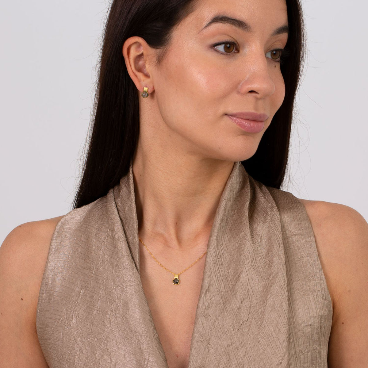 model wearing 18k gold plated sterling silver square moss agate jewellery set