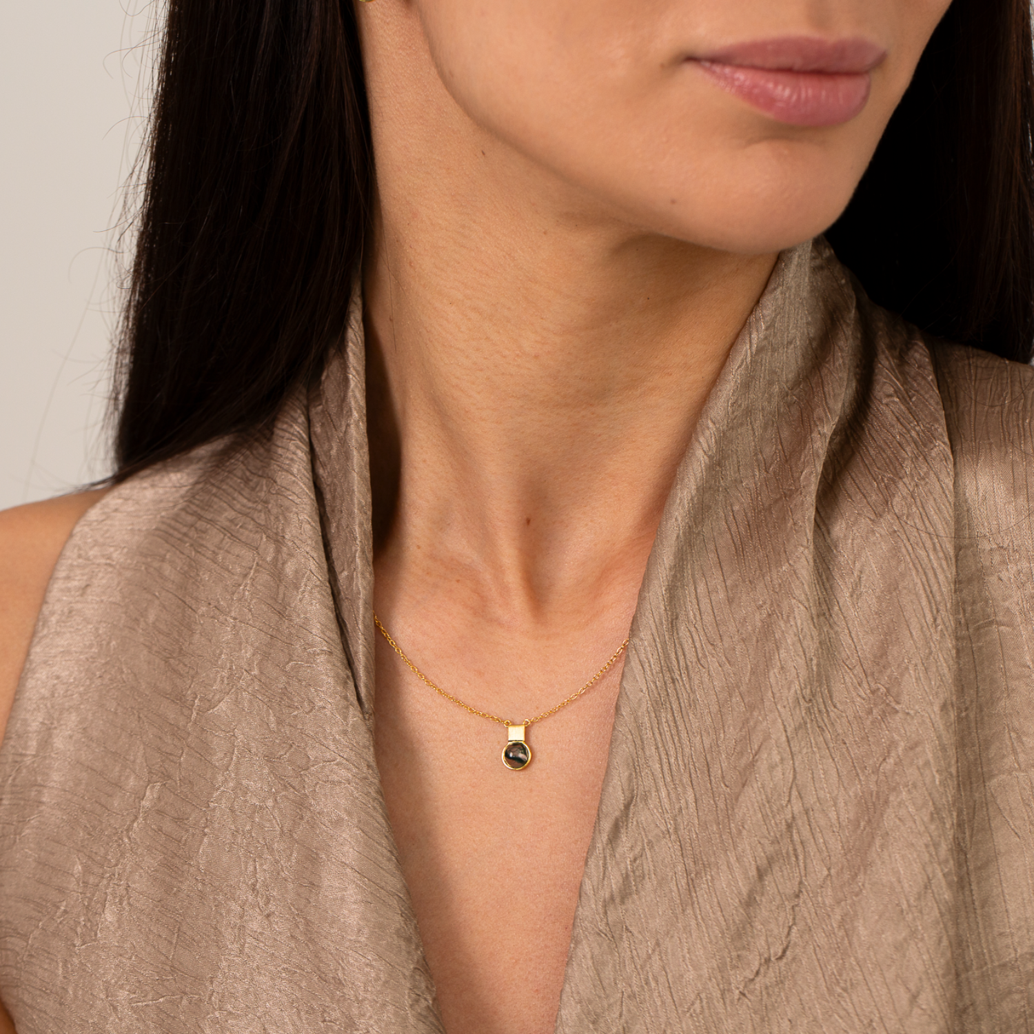 model wearing 18k gold plated sterling silver moss agate square necklace