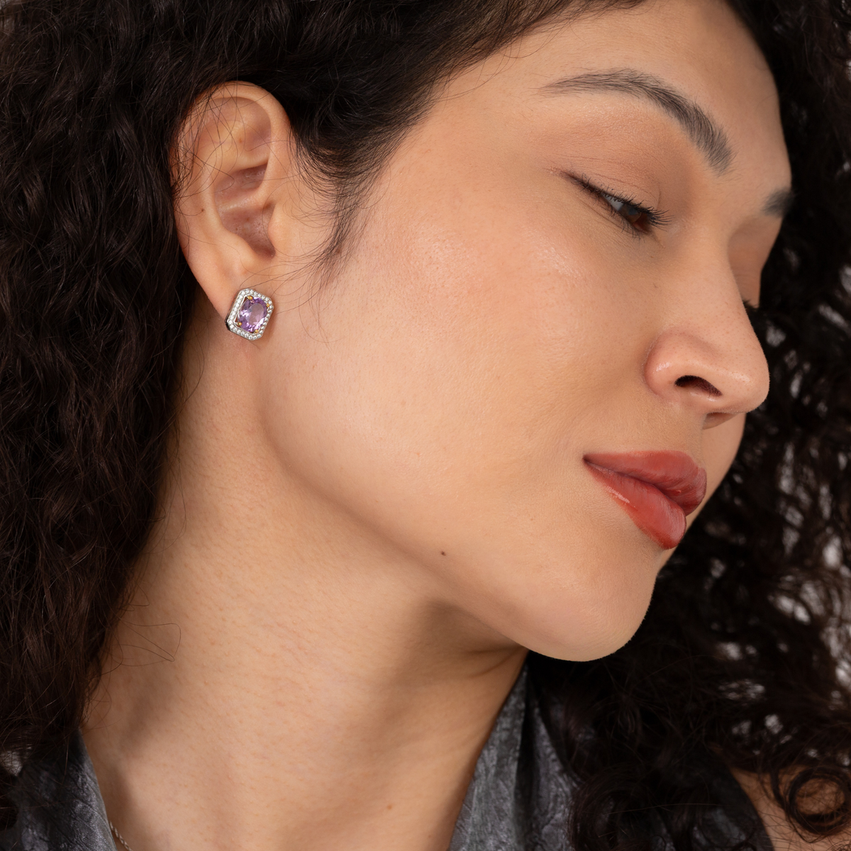 model wearing 925 sterling silver amethyst aphrodite earrings