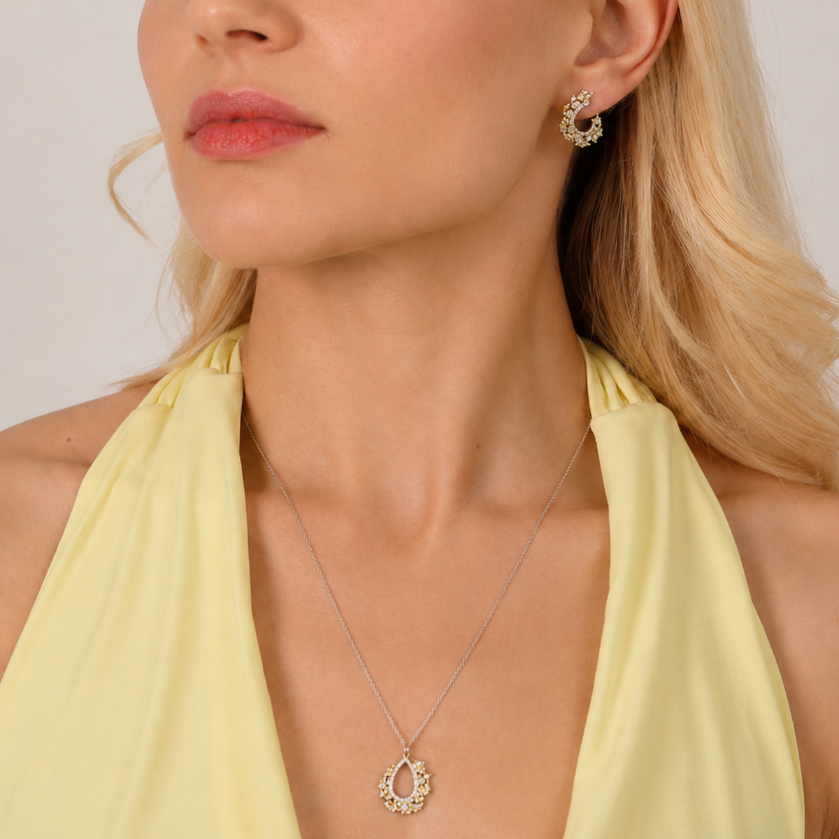 model wearing 925 sterling silver yellow cubic zirconia necklace and earrings