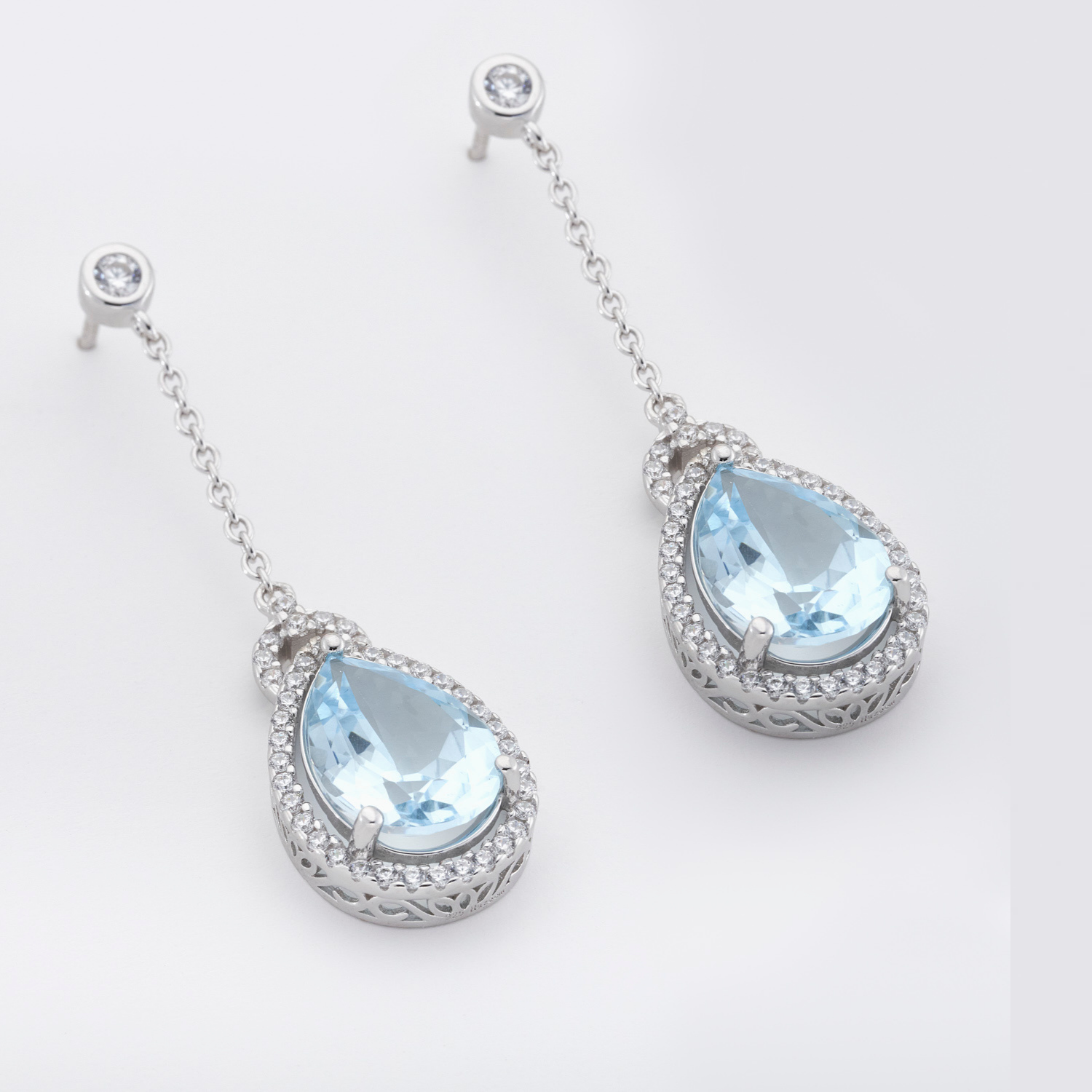 925 sterling silver pear drop long drop blue topaz earrings