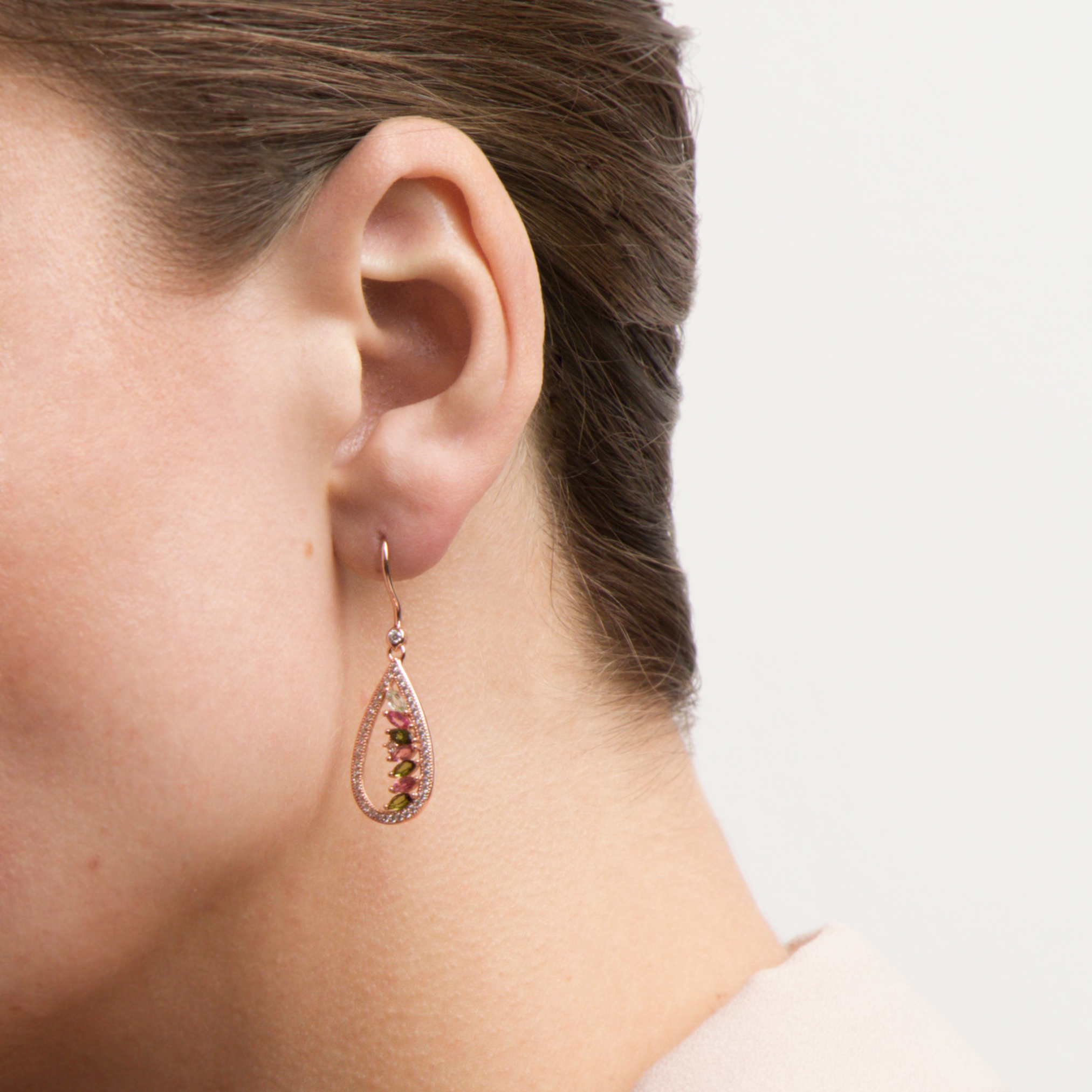 model wearing 18k rose gold 925 sterling silver tourmaline drop earrings