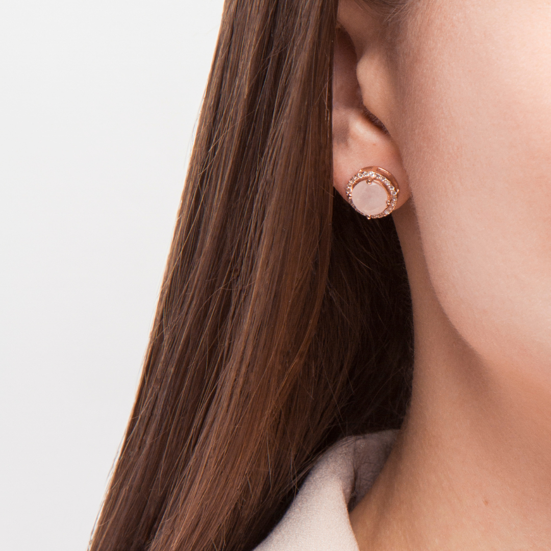 model wearing 18k rose gold plated 925 sterling silver rose quartz stud earrings