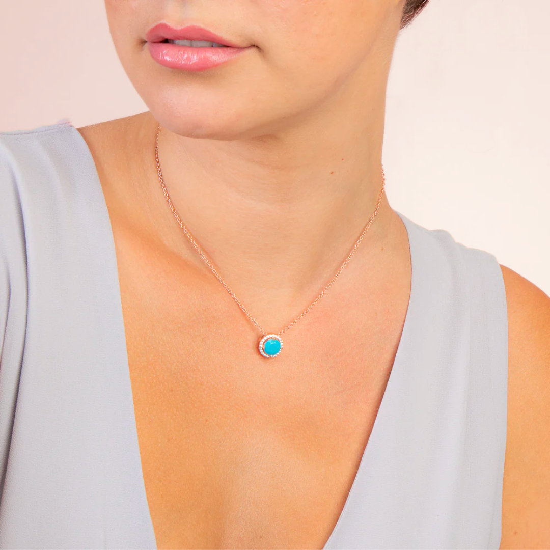 model wearing 18k rose gold 925 sterling silver turquoise necklace