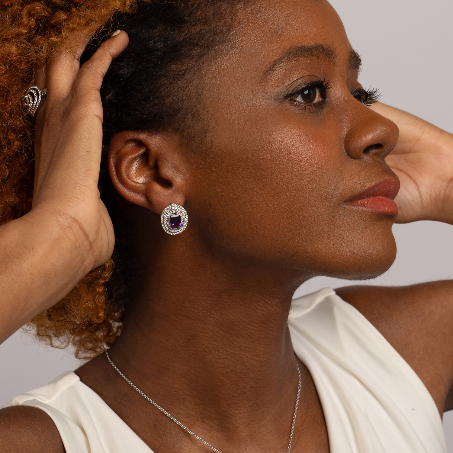 model wearing 925 sterling silver amethyst statement earrings