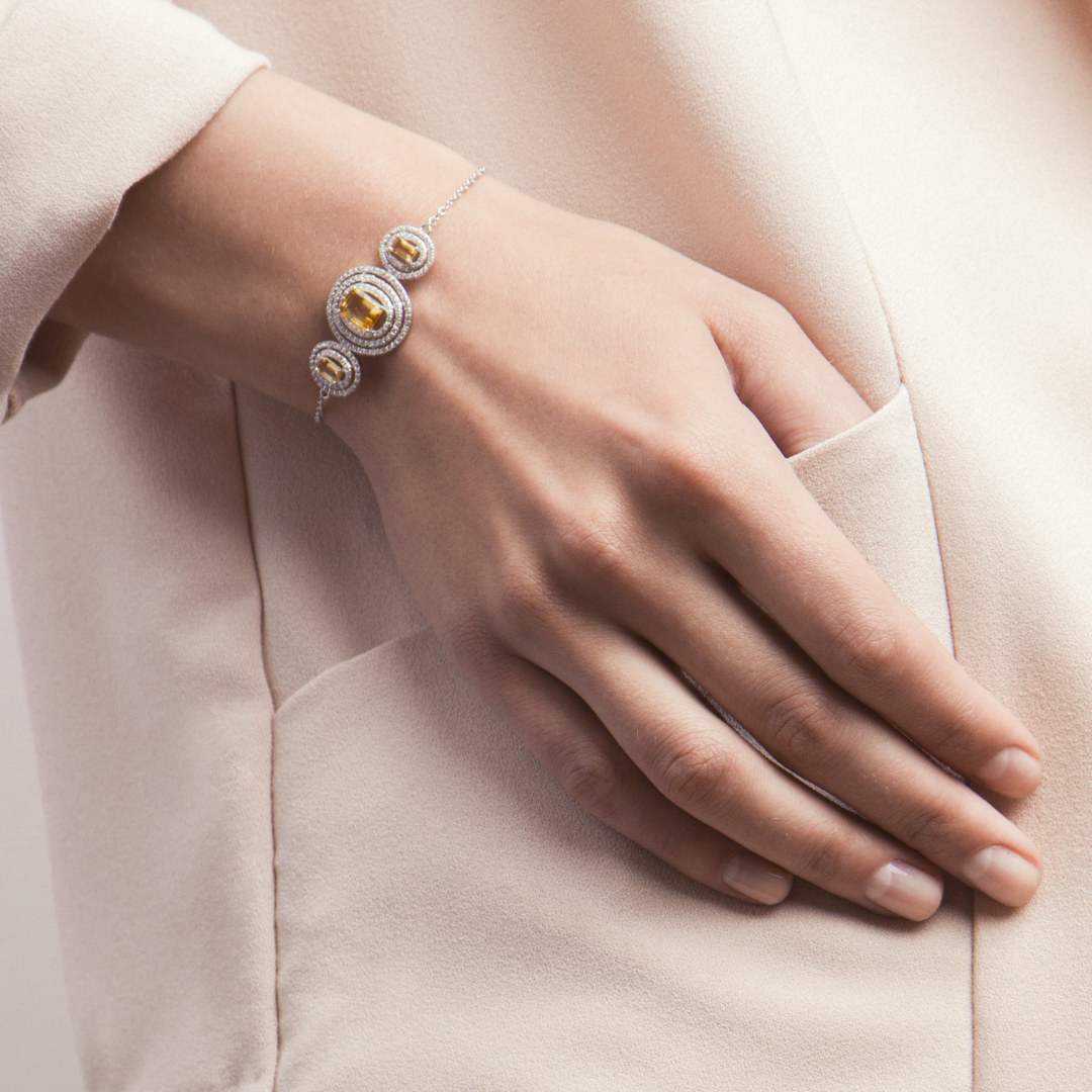 model wearing 925 sterling silver citrine statement bracelet