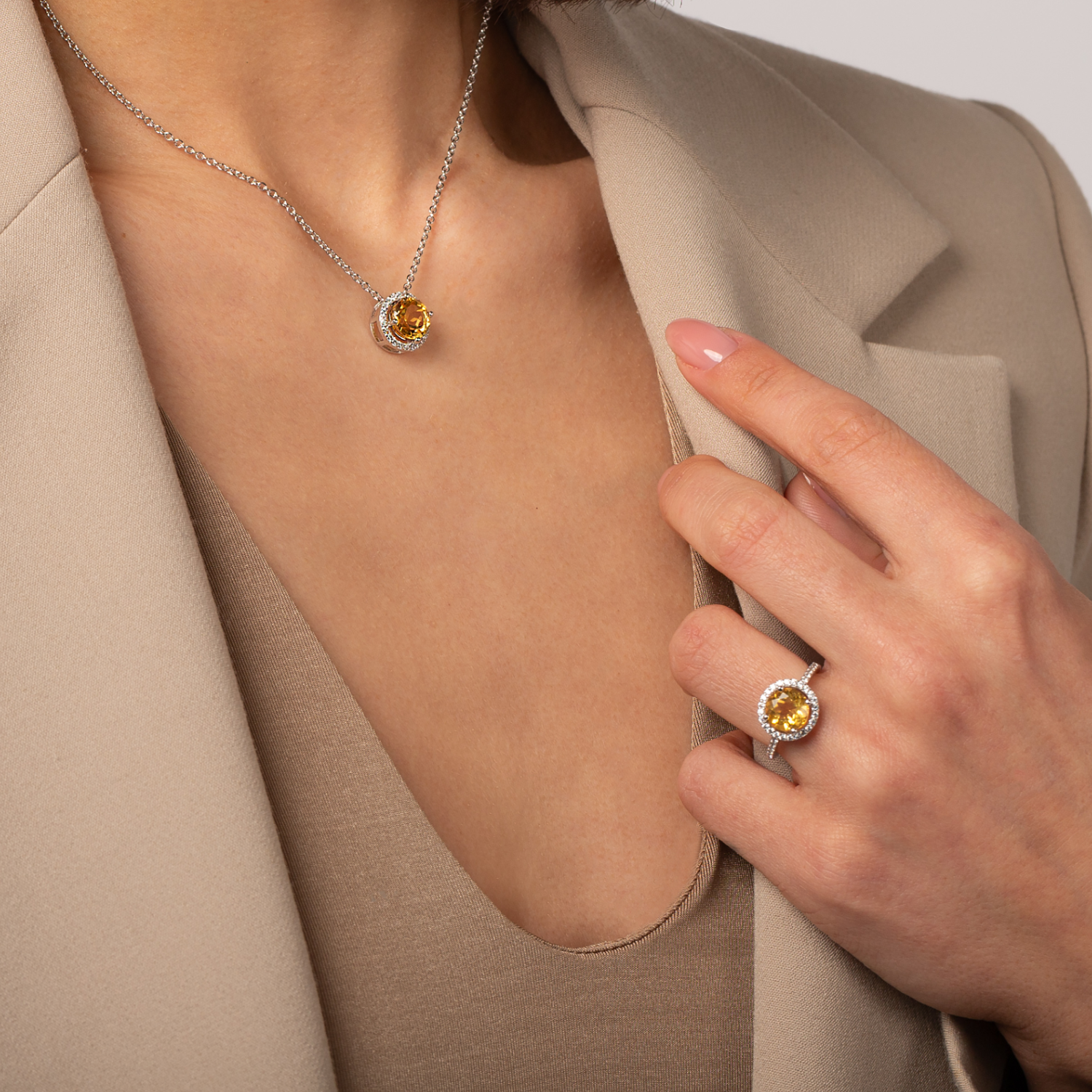 model wearing 925 sterling silver round citrine ring 