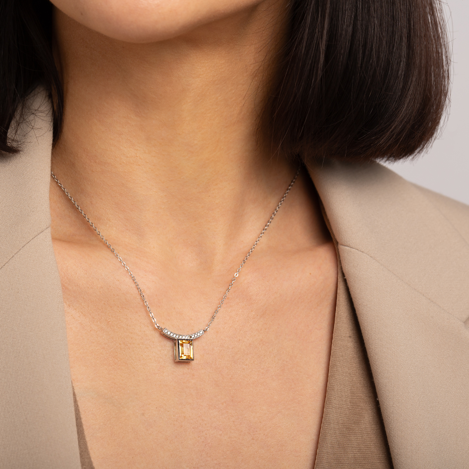model wearing 925 sterling silver sakura citrine necklace 