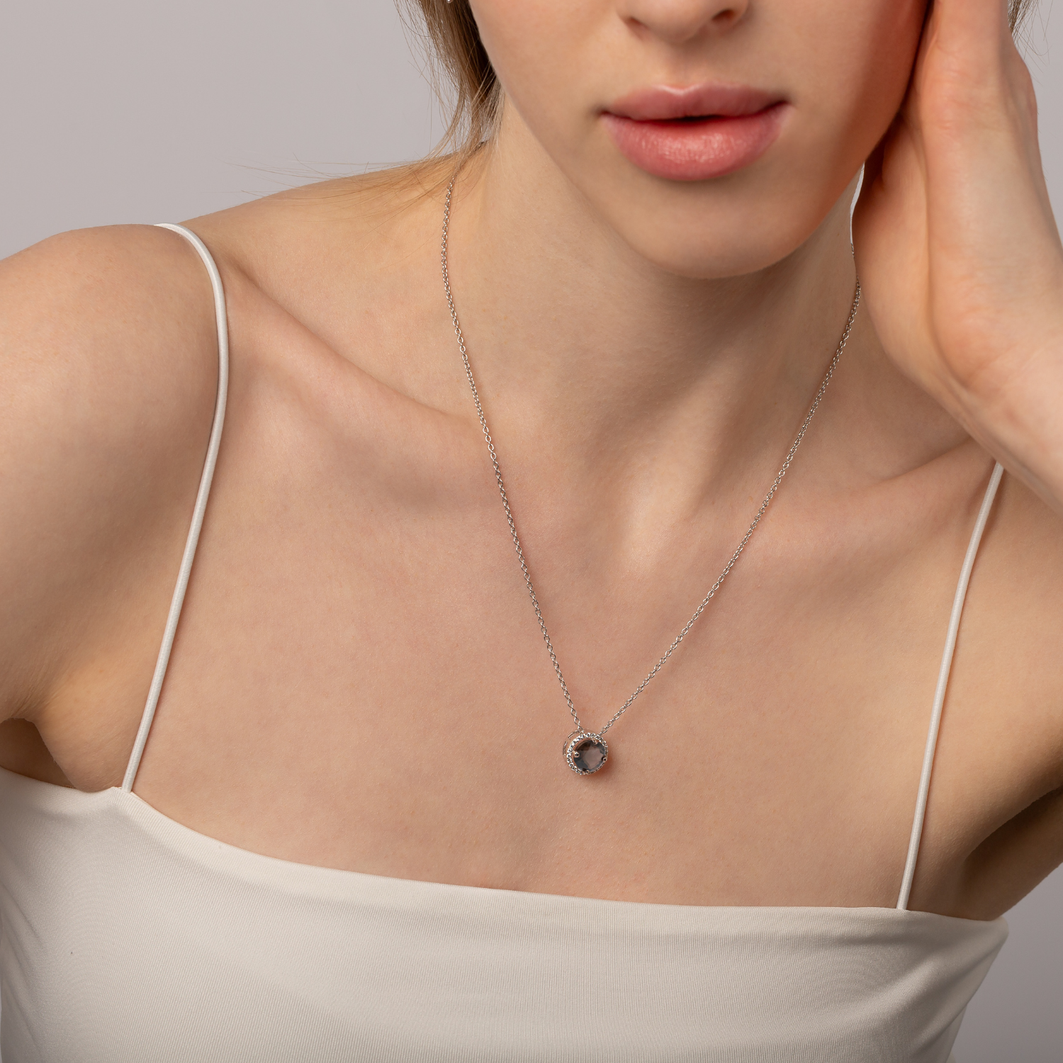 model wearing 925 sterling silver smoky quartz necklace