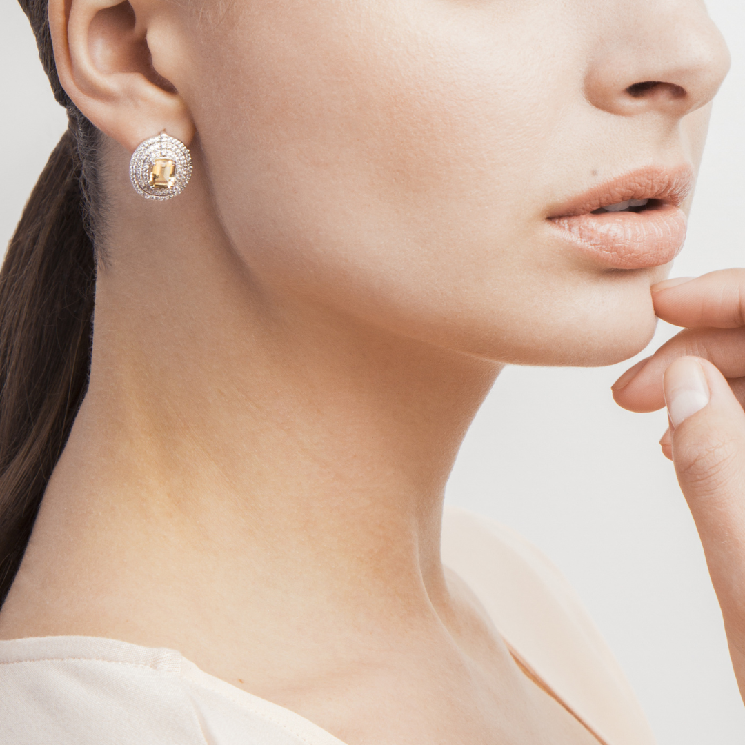 model wearing 925 sterling silver statement citrine earrings
