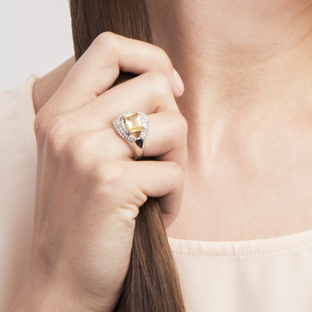 model wearing 925 sterling silver statement citrine ring