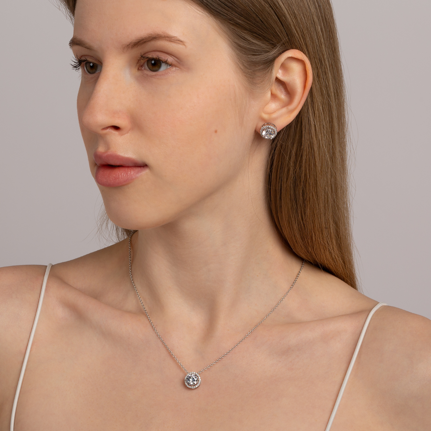 model wearing 925 sterling silver white topaz necklace