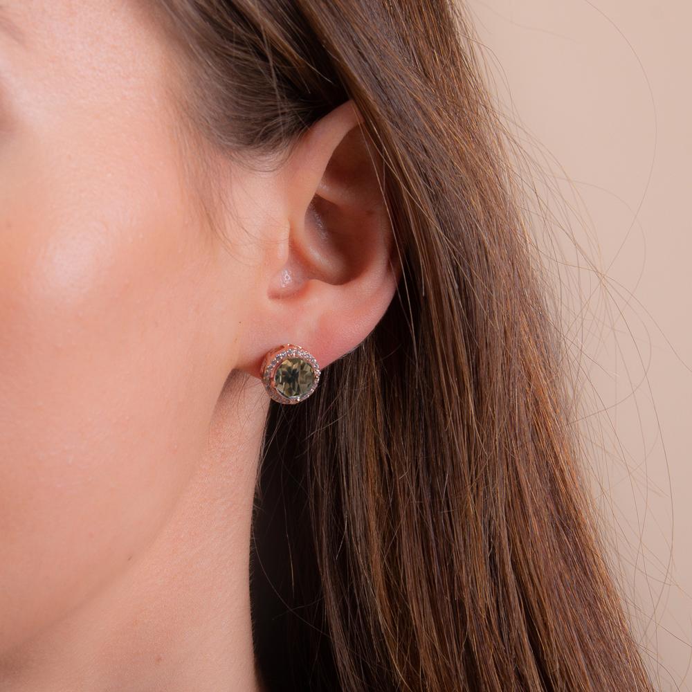 model wearing 18k rose gold smoky quartz stud earrings