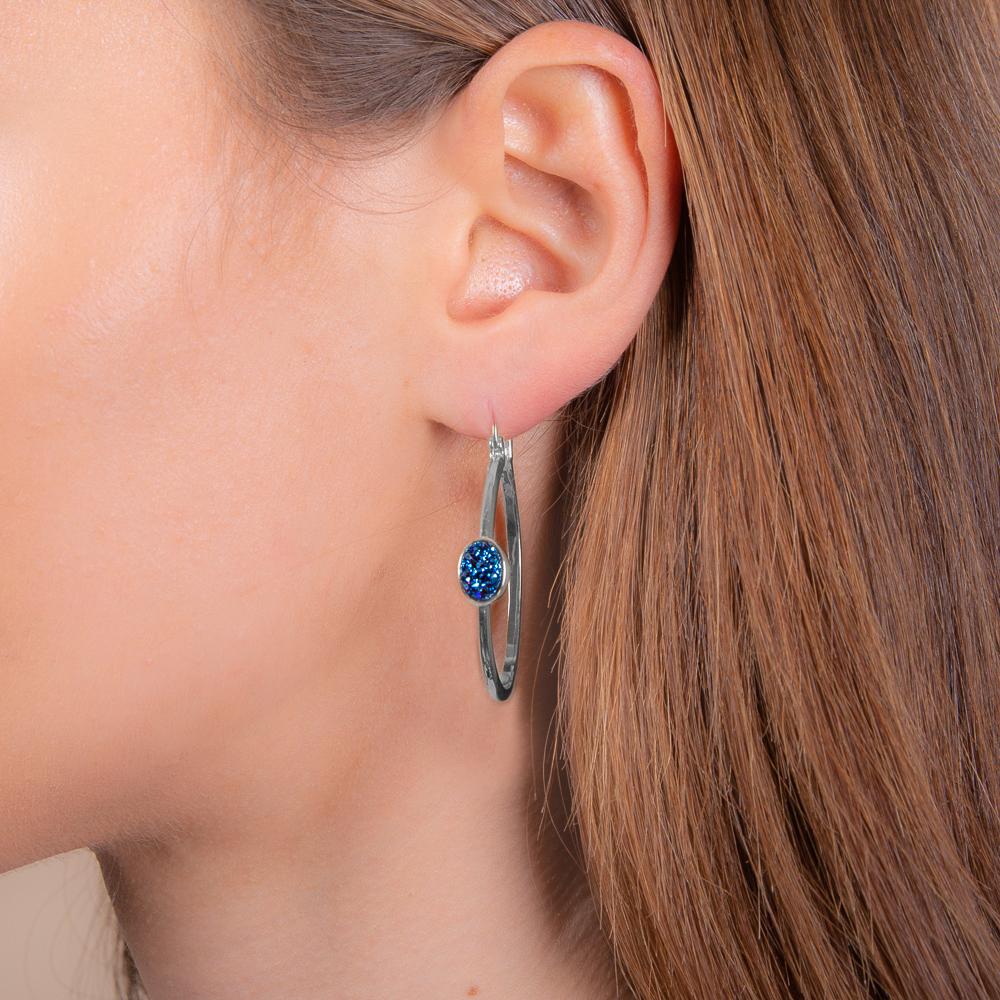 rhodium plated sterling silver Blue Druzy hoop earrings